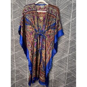 Rima Beachworld Blue Paisley Kaftan Dress Drawstring Waist Cover Up One Size